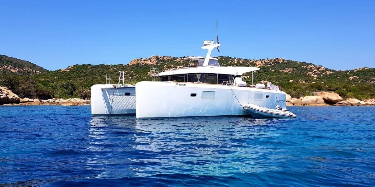 Bow of the Lagoon MY40 catamaran sailing on the Mediterranean