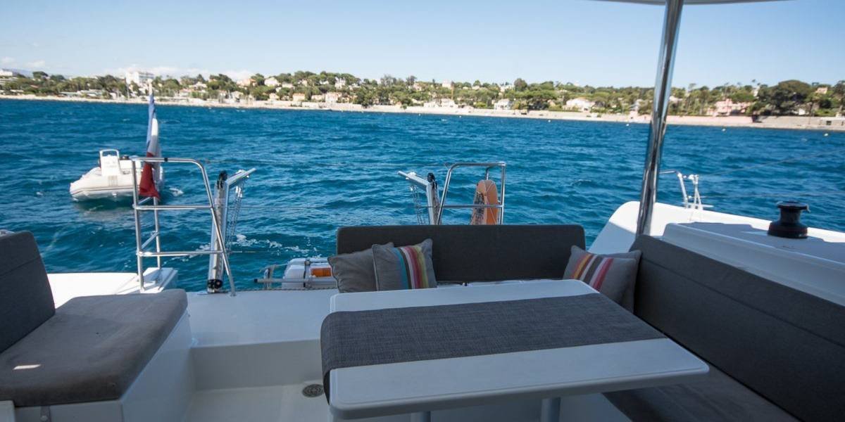 Stern deck of the private catamaran on the French Riviera